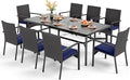 PHI VILLA 9 Pieces Outdoor Dining Set for 8, Rectangle Large Metal IronTable with Umbrella Hole & Cushioned Wicker Chairs, Large Dining Furniture for Patio, Deck, Yard, Porch