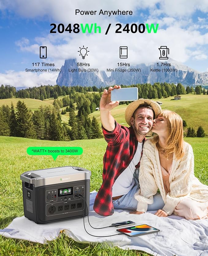 GROWATT Portable Power Station ，INFINITY 2000 Black Electric Solar Generator，2048Wh LifePO4 Battery,2400W AC Output for Home Use, Outdoor Camping, RVs and Emergency Backup(Solar Panel Optional)