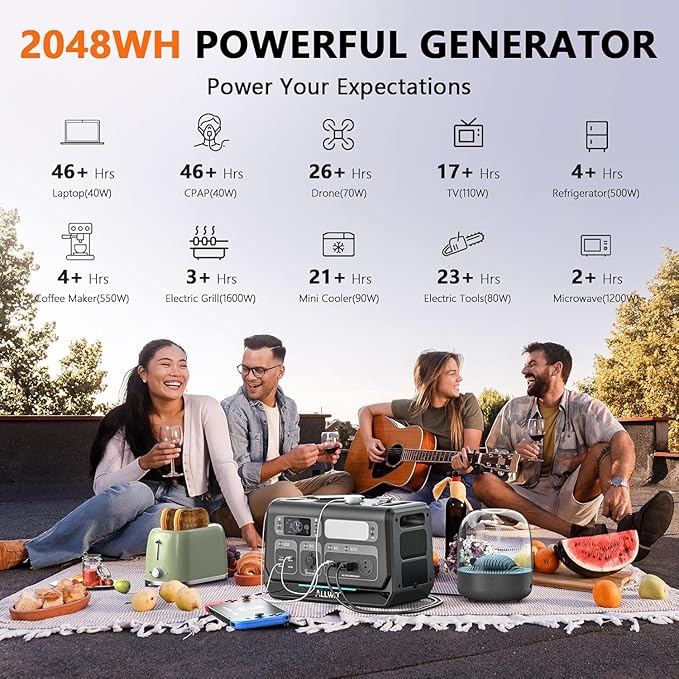 ALLWEI 2400W Portable Power Station and 1x B200 PRO Expansion Battery, 4096Wh LiFePO4 Battery 4 AC Outlets Up to 2400W for Home Backup, Outdoor Camping, RV, with 1500W AC Charging&1200W Solar Charging