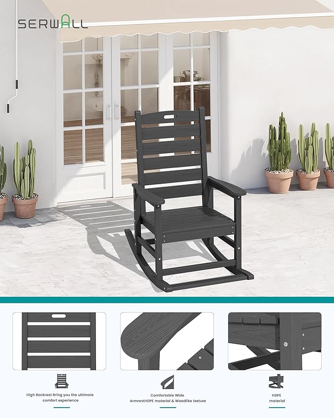 SERWALL Outdoor Rocking Chair Set of 4, Oversized HDPE Patio Rocking Chair with Footrest for Adults, All Weather Porch Rocker for Deck Patio Balcony, Gray