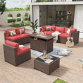 Aoxun 8 Piece Patio Furniture Set with 44” Fire Pit Table Wicker Rattan Outdoor Sectional Sofa Set with Coffee Table and Thickened Cushions, Red (Waterproof Cover Included)