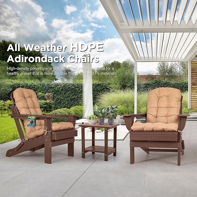 nalone Folding Adirondack Chair with Cushion with Cup Holder, HDPE Plastic Oversized Patio Chair Weather Resistant, Used in Outdoor, Fire Pit, Deck, Garden, Campfire Chairs