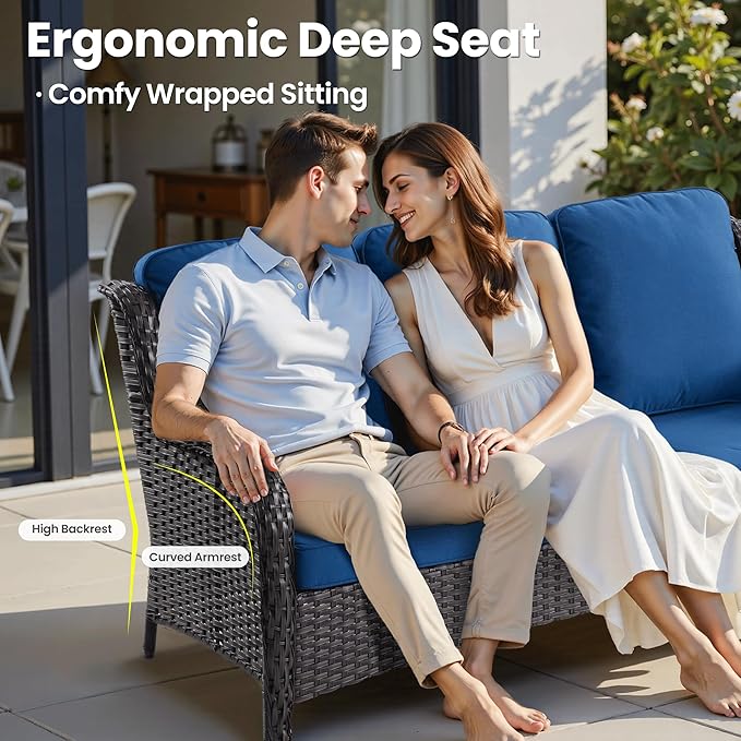 ovios 5 Pieces Patio Furniture Set, Outdoor Wicker Sofa Couch with Swivel Chairs 42" Fire Pit Table, High Back All Weather Modern Conversation Sets, Brown Rattan, Navy Blue