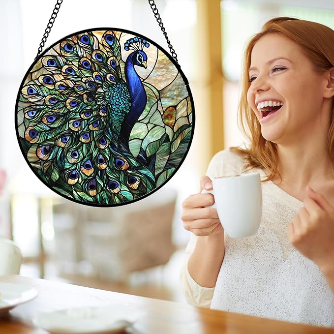 Stained Glass Window Hanging, Turquoise Peacock Sun Catcher for Door Home Decor Blue Green Suncatcher Christmas Mother's Day Birthday Gifts for Women Men Mom and Nana 15 in