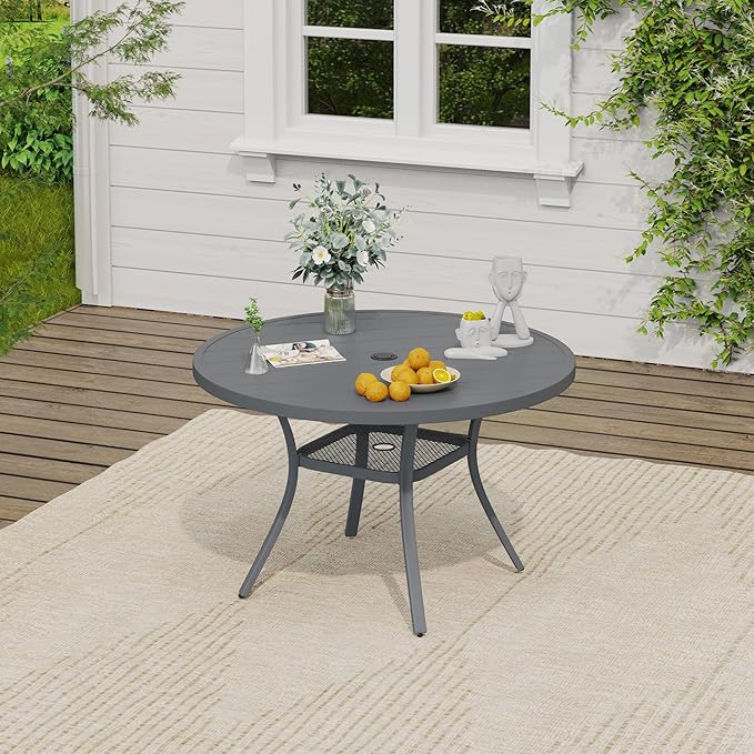 VICLLAX Outdoor Patio Round Dining Table, 41"x 41" Metal Slatted Round Tabletop with Adjustable Umbrella Hole for Dining Yard Porch, Dark Grey Finish