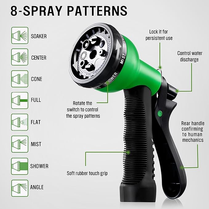 HBlife Garden Hose 25ft, Non Expandable Water Hose with 8 Watering Spray Nozzle, Flexible Lightweight Hose for Yard, Lawn, Car Wash and Outdoor (Black, 25FT)