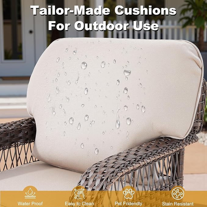 9 Pieces Patio Furniture Set Outdoor Sectional Sofa Couch with Rocking Swivel Chairs 5" Deep Seat Chairs, Modern Wicker Rattan Conversation Set, Beige/Brown Wicker