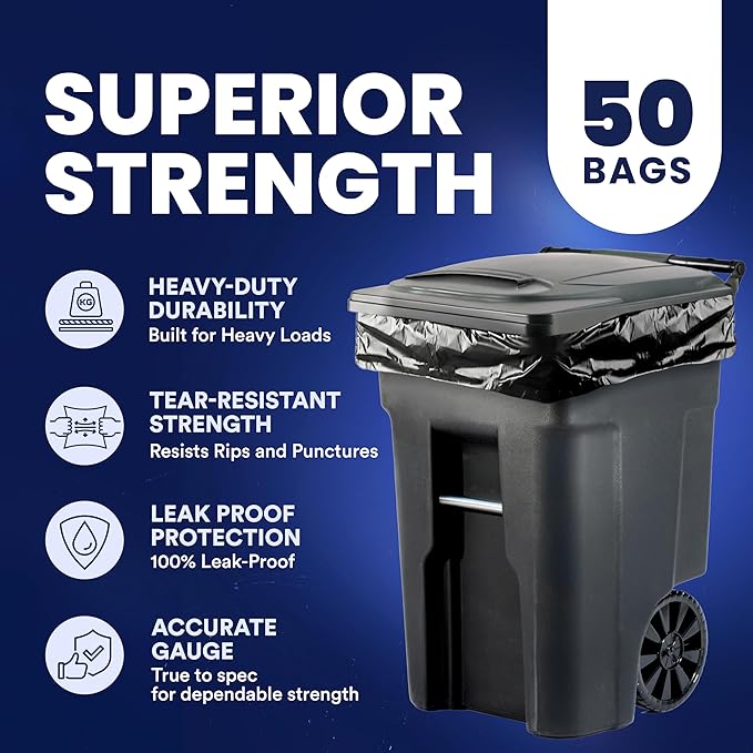 Plasticplace 64-65 Gallon Trash Can Liners for Toter │ 2.0 Mil │ Black Heavy Duty Garbage Bags │ 50” x 60” (50 Count)