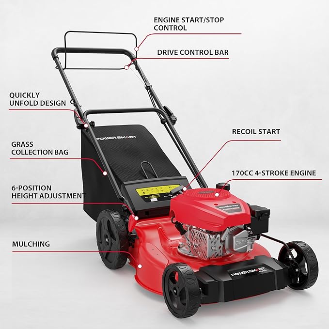 PowerSmart Self Propelled Gas Lawn Mower, 21-Inch with 170cc 4-Cycle OHV Engine 2-in-1 Rear-Wheel Drive Lawnmower with Bagging