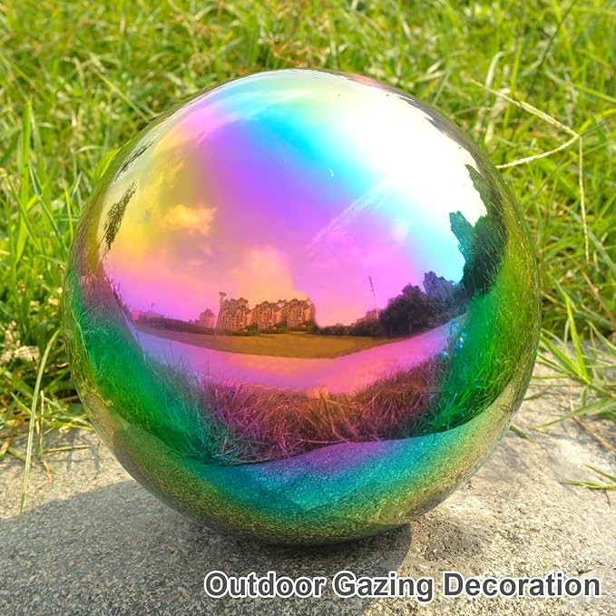 Nerien 8 Inch Gazing Ball, Stainless Steel Garden Mirror Globe, Polished Ornament Sphere, Hollow Floating Reflective Hemisphere, Home Outdoor Pond Housewarming Swimming Pool Decoration Gift, Rainbow