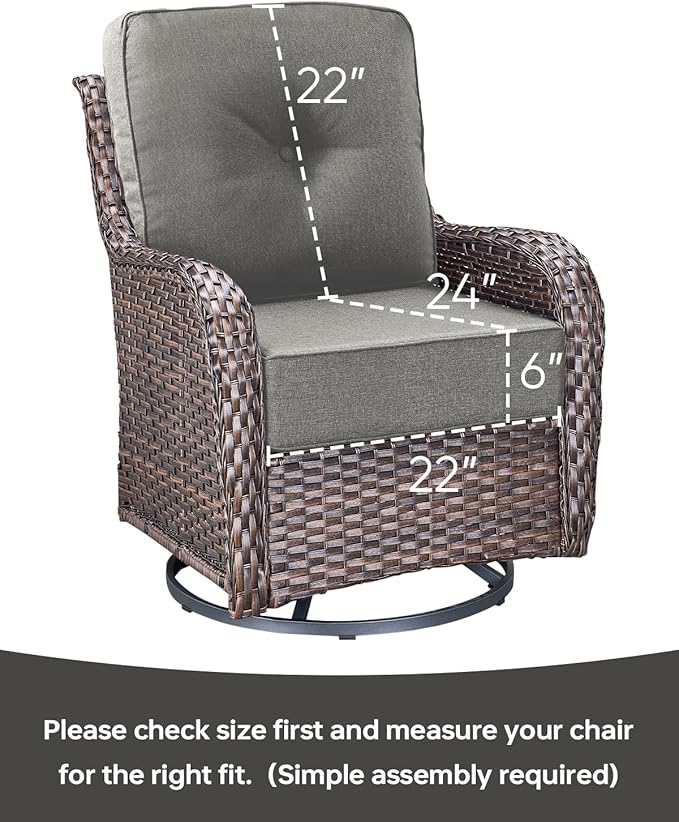 Luxury 22x24/22x25 6-Inch Outdoor Deep Seat Cushions Set of 6 - Comfortable Patio Zipper Chair Cushion for Outside Wicker Wicker Rocking Swivel Chairs Loveseat Couch Sectional Sofa - Grey