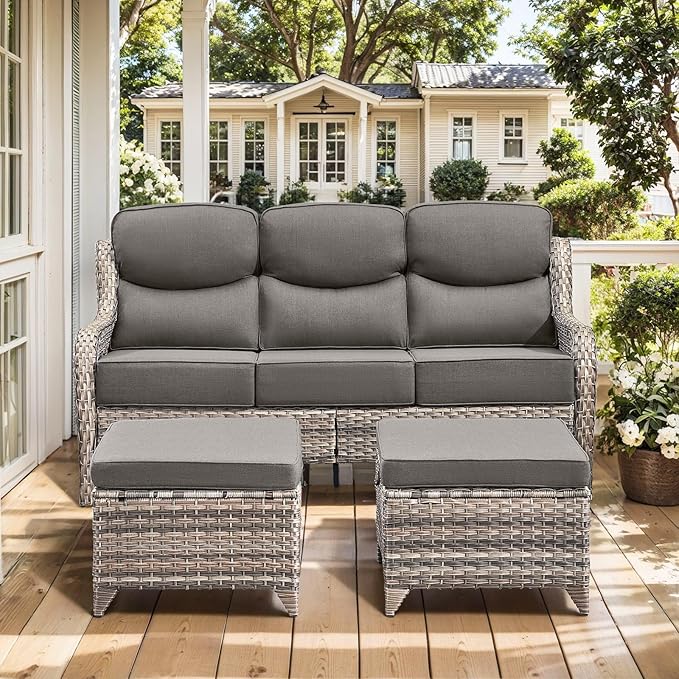 HUMMUH Wicker Patio Furniture Set 6 Inch Thick Cushion Outdoor Swivel Rocker Patio Chairs with Deep Seat Sofa 5PCS Outdoor Furniture Set for Porch Garden Deck