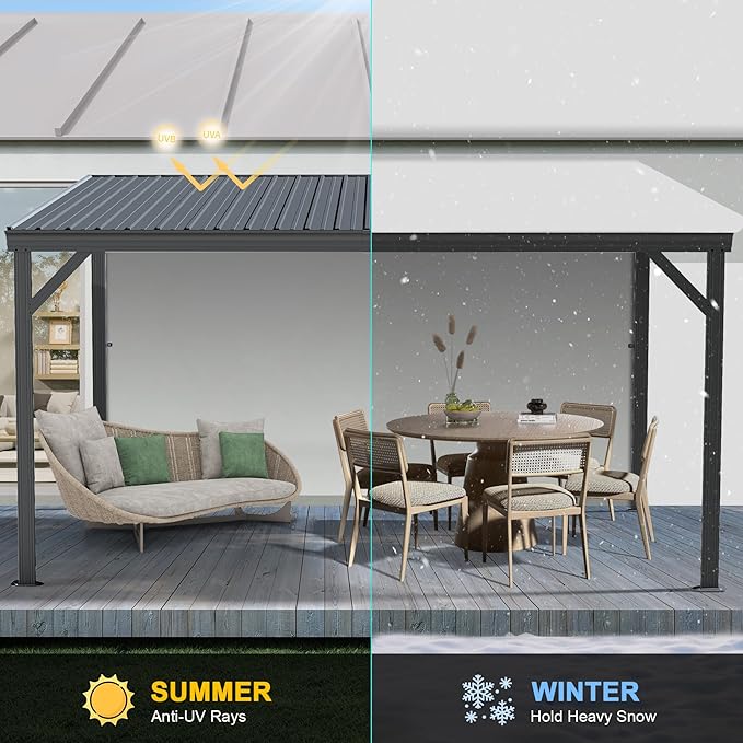 Domi 10’x12’ Lean-to Gazebo, Hardtop Wall-Mounted Gazebo Pergola with Sloping Galvanized Steel Roof and Upgraded Drainage System, Outdoor Permanent Metal Shelters for Patio Backyard Deck, Grey
