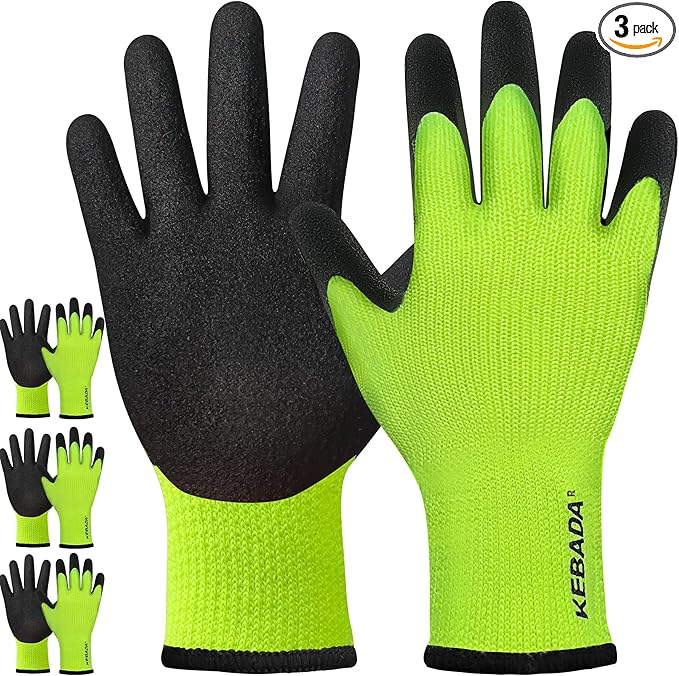 Kebada T3 Winter Work Gloves for Men and Women, Warm Knit Cold Weather Work Gloves, Thermal Insulated Freezer Gloves, 100% Latex Coating Non-slip Grip, Long Wrist Design, 3 Pairs, Green, Medium