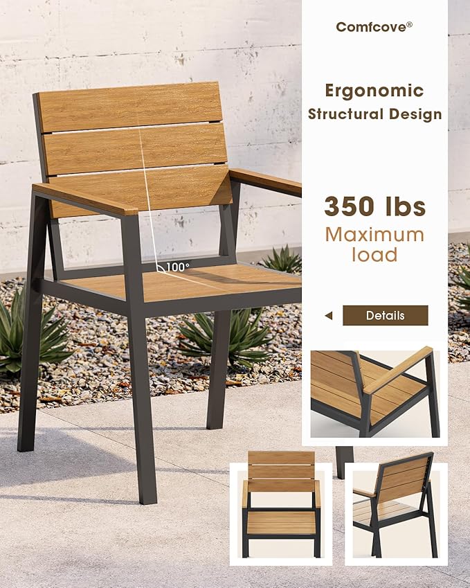 Outdoor Patio Dining Sets, Aluminum&HDPE 5 Piece Dining Table Set with Umbrella Hole, Modern Rectangular Patio Furniture Set with All-Weather Table and 4 Chairs (Gray & Teak)