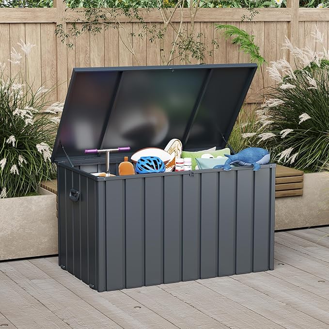 Domi Deck Box 160 Gallon, Waterproof Lockable Steel Outdoor Storage Container for Outside Cushions, Garden Tools and Pools Equipment, Gray