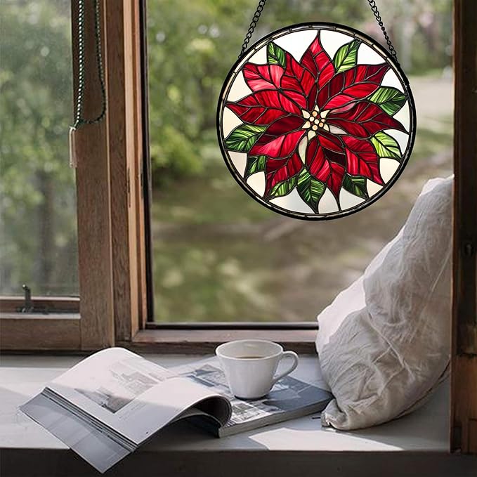 Stained Glass Window Hanging - Red Poinsettia Birth Flower Suncatcher for Door Garden Yard Sun Catchers Decor Christmas Mother's Day Birthday Gifts for Women Mom Nana Friend Men 6.3 in
