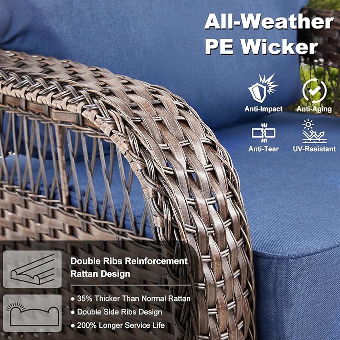 Outdoor Swivel Rocker Chairs - Patio Rocking Chairs Set of 2, 3PCS Wicker Patio Set with 5" Thick Cushion and Side Table, Rattan Patio Swivel Rocking Chairs for Porch, Deck, Backyard Blue/Brown