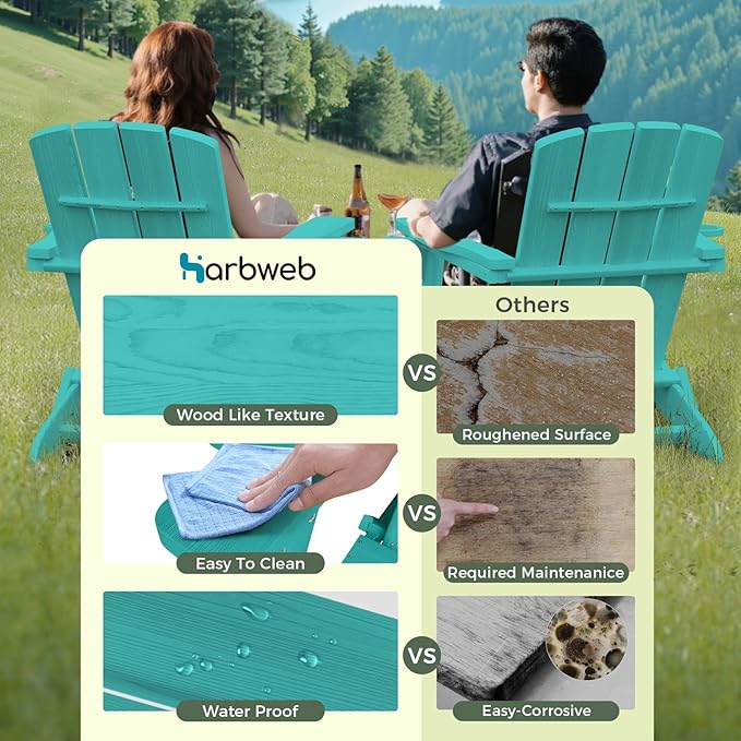 Folding Adirondack Chair Wood Texture 2 Pack, HDPE All-Weather Fire Pit Chairs, Plastic Adirondack Chairs with 2 Cup Holder, Outdoor Lawn Chair for Patio Garden (Lake Blue)