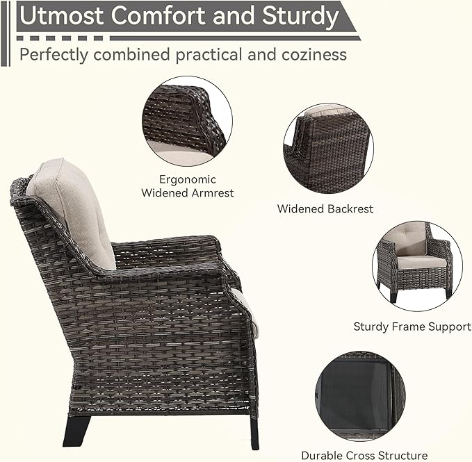 5-Piece Wicker Patio Furniture Set, 4 Armchairs and 1 Fire Pit, Conversation Set with Cushions, Beige