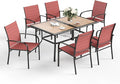 7 Pcs Patio Dining Set for 6, Rectangular Metal Dining Table (PVC Table Top) with Umbrella Hole and 6 Chairs, Outdoor Dining Set for Lawn Garden Deck, Red
