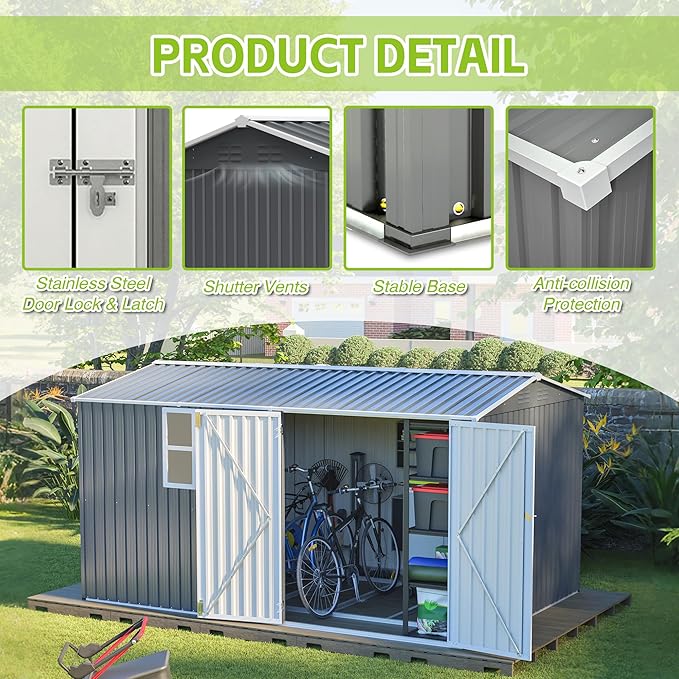 8x12 FT Storage Shed Outdoor, XL Heavy-Duty Steel Building with Window – Features Hinged Gray Doors & 4 Air Vents for Backyard, Garden, Patio, with Floor Frame (Gray)