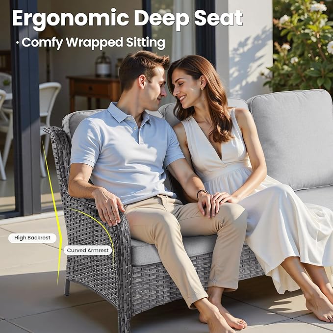 ovios 8 Pieces Patio Furniture Set, Outdoor Wicker Sofa Couch with Swivel Chairs 42" Fire Pit Table, High Back All Weather Modern Conversation Sets, Grey Rattan, Grey
