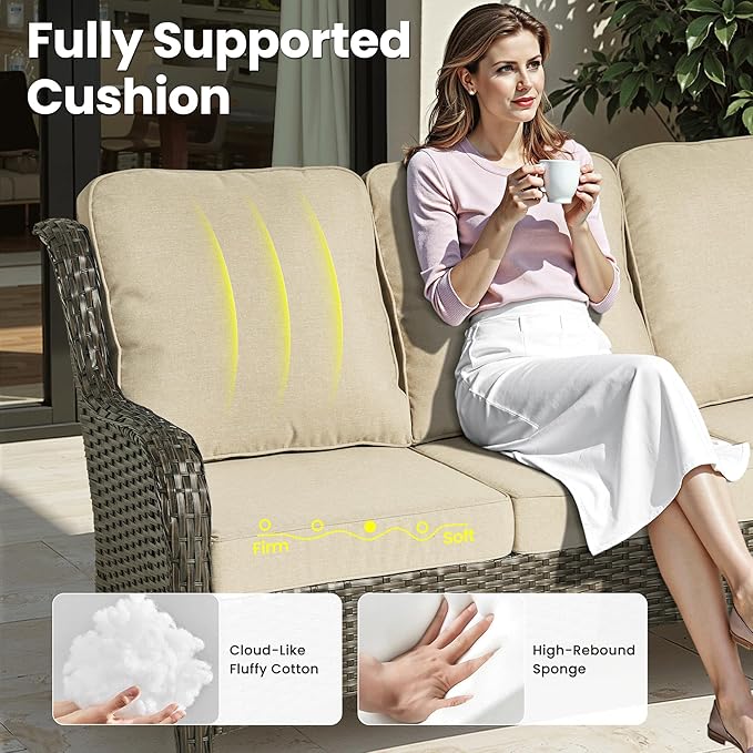 ovios 9 Pieces Patio Furniture Set, Outdoor Wicker Sofa Couch with Swivel Chairs Ottomans Comfy Cushions, High Back All Weather Modern Conversation Sets, Brown Rattan, Beige