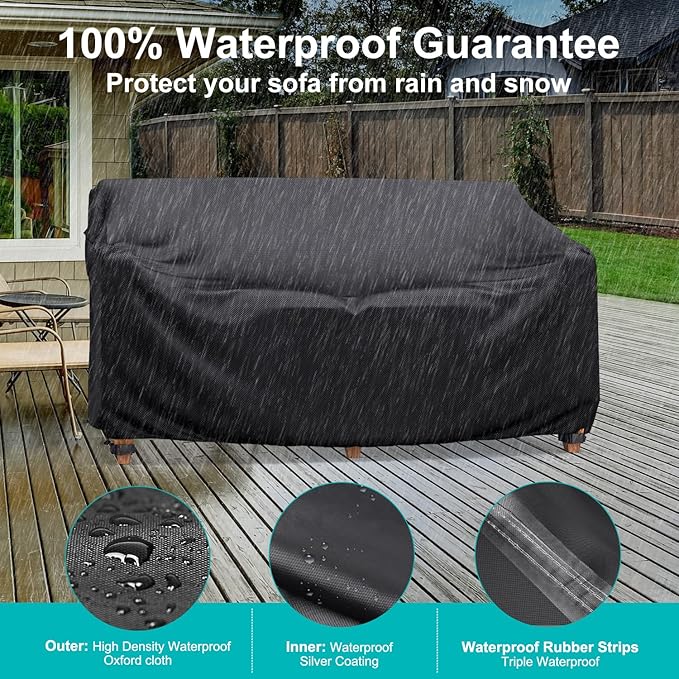 Patio Sofa Cover Waterproof - Heavy Duty 3-Seater Outdoor Couch Cover Patio Furniture Covers with Air Vent and Handles, 85" L×35" D×35" H, Black