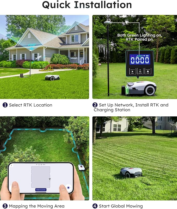 Robot Lawn Mower NO Wire - 0.5 Acre, Full Band RTK+4-Eye Vision Robotic Lawnmower, Automatic Mapping, 20 Multi-Zone Management, Accurate Obstacle Avoidance, Intelligent Anti-Theft, APP Control