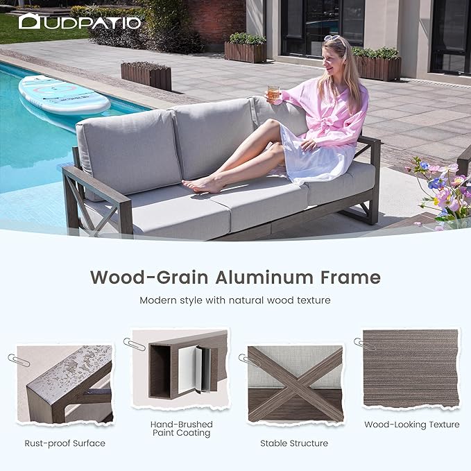 UDPATIO 4 Piece Faux Wood Aluminum Patio Furniture Set Modern Outdoor Furniture Patio Conversation Sets with Coffee Table for Balcony, Backyard, 600D Waterproof Cover Included, Light Grey