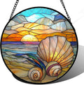 Stained Glass Window Hanging - Colorful Beach Shells Conch Sun Catcher for Door Home Decor Ocean Suncatcher Christmas Mother's Day Birthday Sea Lover Gifts for Women Men Mom Nana 6.3 in
