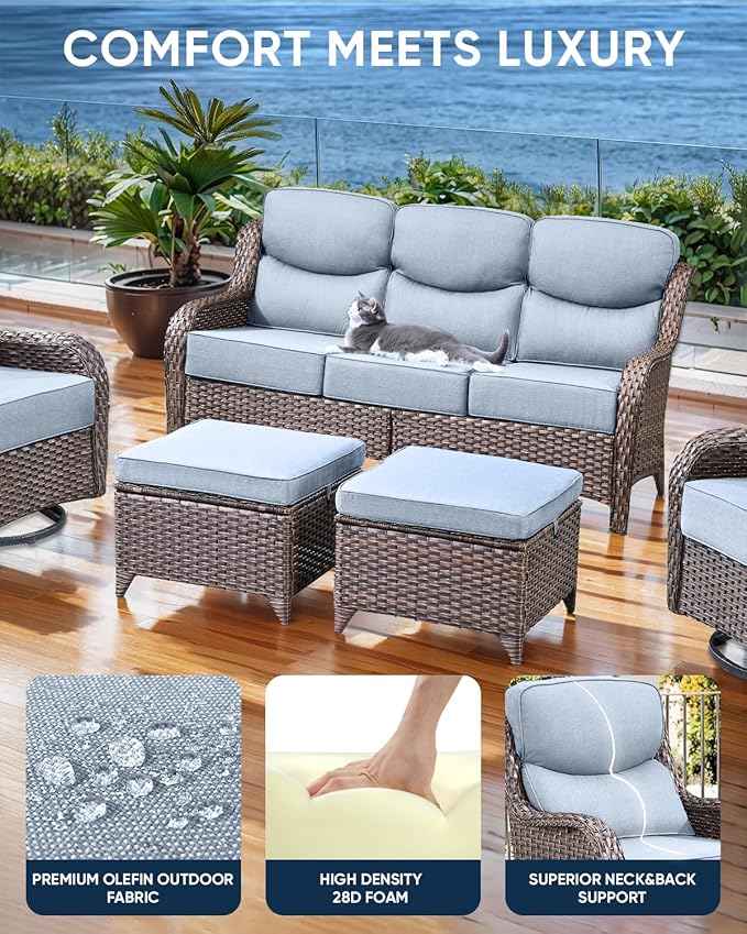 Luxury 22x24/22x25 6-Inch Smile Outdoor Cushions for Patio 5 Piece Set - Set of 5 Zippered Outside Pillows for Wicker Dining Rocking Swivel Chairs Loveseat Couch Sectional Sofa - Baby Blue