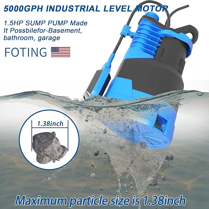 FOTING 1.5HP Sump Pump Automatic & Maunal Mode,with Float Switch, 5000GPH Big Flow Clean & Dirty Submersible Water Pump, 16FT Electric Utility Pump for Pool Draining Hot Tub Garden Basement