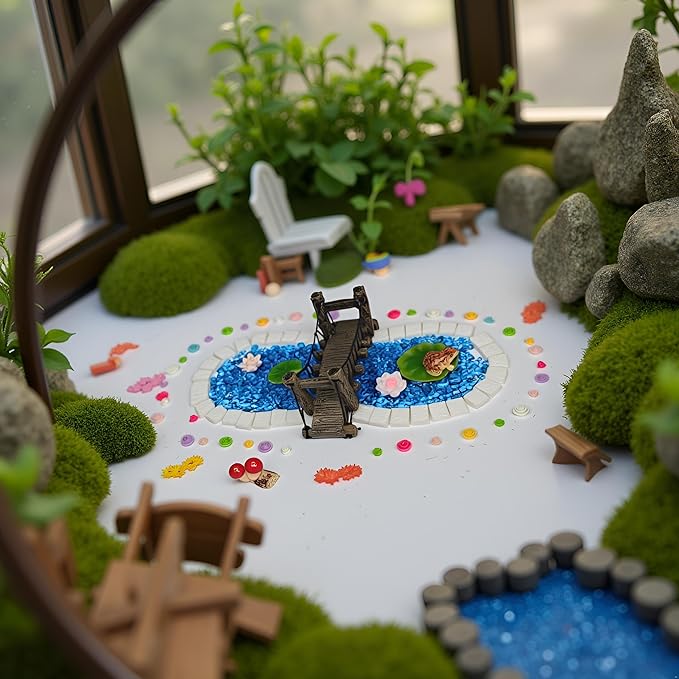 Fairy Garden Kit with 118 Pieces, Miniature Resin Figurines, Mushrooms, Bridge, Steps, Moss, Faux Flowers, Fake Fence, Crystal Gravel & Garden Accessories for DIY Fairy Gardens and Miniature Dioramas