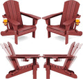 SERWALL Folding Adirondack Chair Set of 4, Adjustable Adirondack Chair with 3 Recline Positions, All Weather HDPE Outdoor Adirondack with Cup Holders, Red