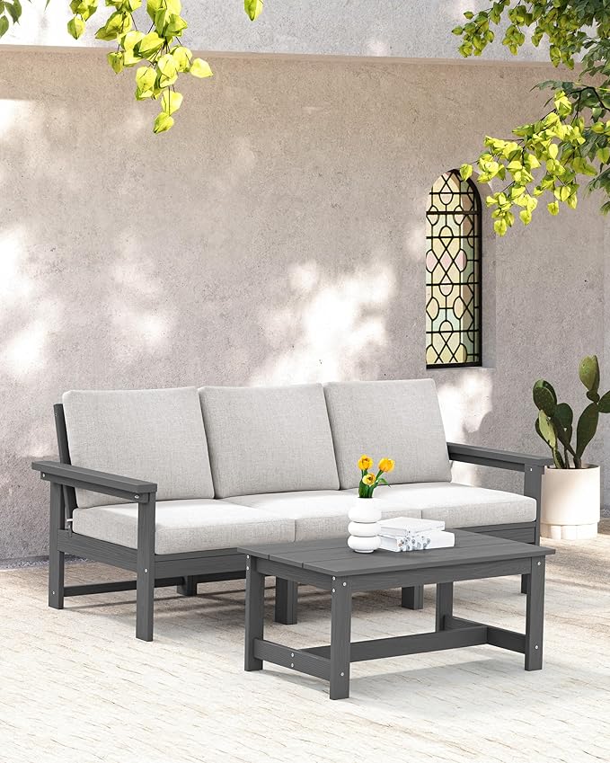 SERWALL HDPE Patio Sofa Set, 4-Piece Sectional Outdoor Furniture Set, All Weather Outdoor Couch Set Patio Furniture Set for Deck, Lawn, Grey Frame with Khaki Cushion