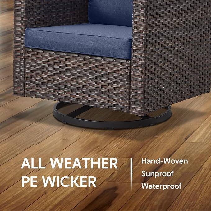 6 Piece Wicker Patio Furniture Set - Outdoor Swivel Rocker Chairs Set with Coffee Table, 3 Seat Sofa & Ottomans, Small Patio Conversation Sets Proch Furniture for Balcony Deck - Brown/Blue