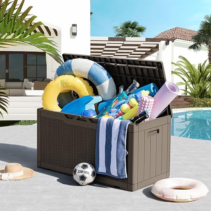 Greesum 100 Gallon Resin Deck Box Large Outdoor Storage, Imitation Rattan Weave Texture for Patio Furniture, Garden Tools, Pool Supplies, Weatherproof and UV Resistant, Lockable, Light Coffee