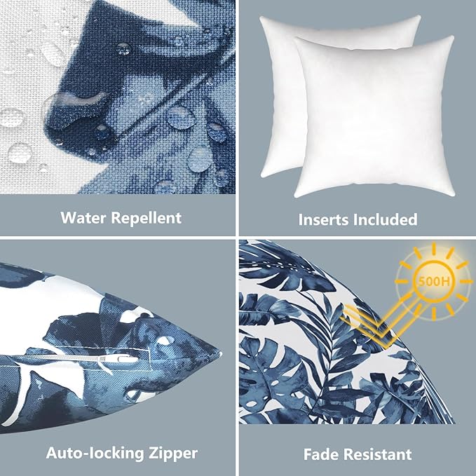 LVTXIII Outdoor/Indoor Throw Pillows, Decorative Throw Pillows with Inserts, 18”x18” Square Pillows for Bed, Couch, Sofa and Patio Furniture (Set of 2, Palm Blue)