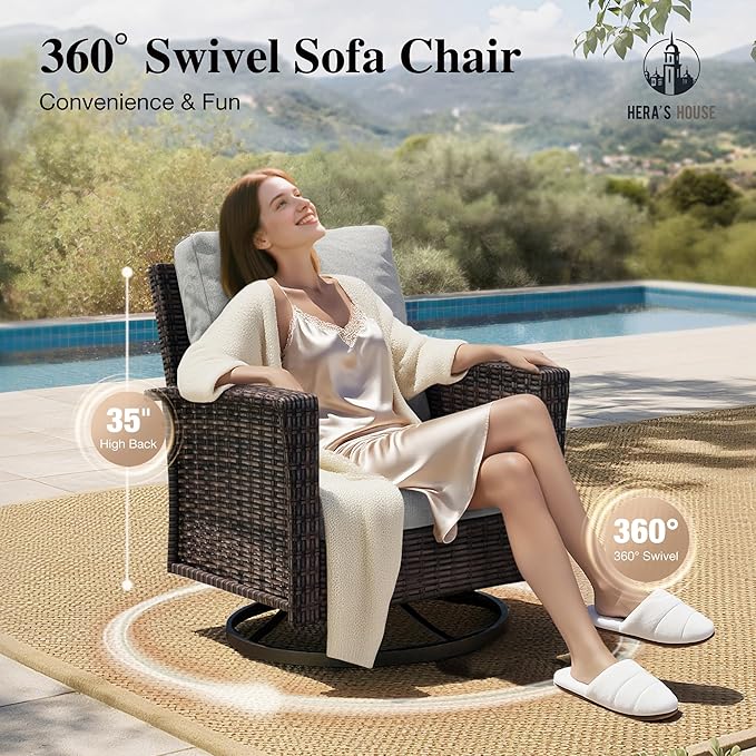 HERA'S HOUSE Patio Furniture Set with Swivel Chairs, High Back Wicker Couch with Ottomans, Outdoor Conversation Sofa Sets with 5.5" Waterproof Cushions for Garden Yard Porch, Grey