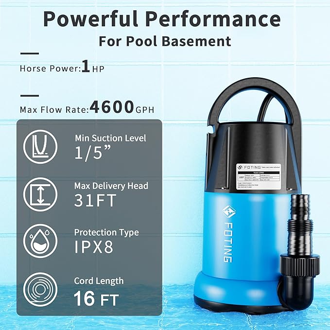 FOTING Sump Pump 1HP Automatic Submersible Water Pump, 4600GPH Utility Pump Thermoplastic Electric Portable Transfer Water Pump for Swimming Pool Garden Pond Basement with 16ft Long Power Cord