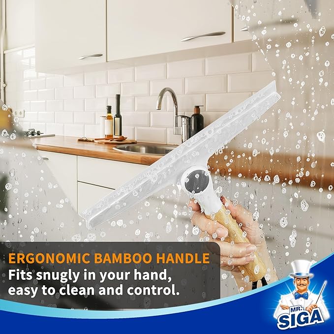 MR.SIGA All Purpose Silicone Squeegee for Shower Door, Mirror, Glass, Streak Free Shower Squeegee, Pivoting Bamboo Handle, Includes 1 Suction Hook, 10 inch Wide, 1 Pack