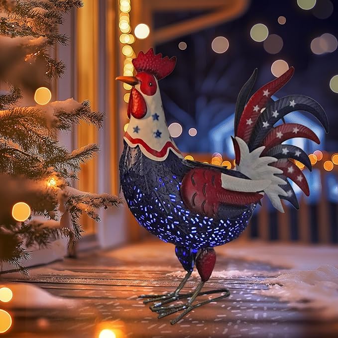 LIFFY Metal Rooster Yard Decor,18" Solar Powered Chicken Sculpture with Patriotic Flag, Weather-Resistant Garden Statue Outdoor for Garden, Patio, Lawn, Backyard