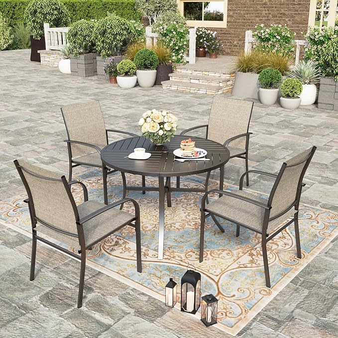 HERA'S HOUSE Patio Dining Chairs Set of 6, 36" Textilene Fabric Outdoor Chair with Wrought Iron Metal Frame Support 350lbs for Lawn Garden Backyard, Brown