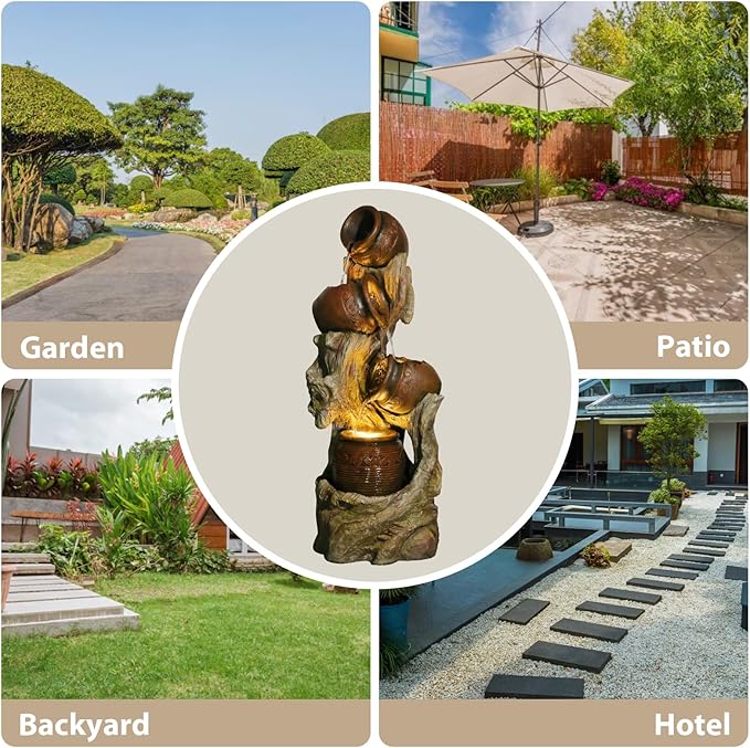 Freestanding Outdoor Fountain - Garden Water Feature with LED, Cascading Jar & Faux Wood Design for Patio/Backyard
