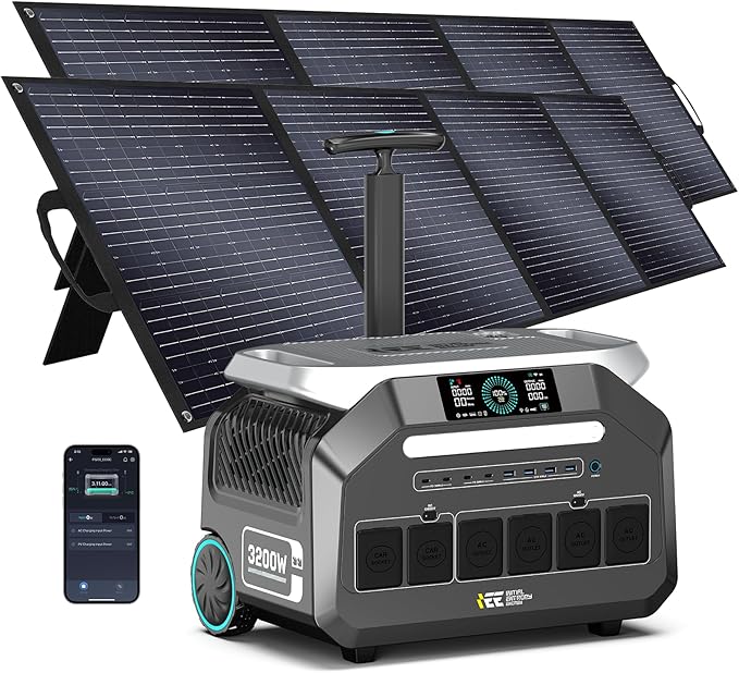IEE P3200 Solar Generator With 2 * 400W Solar Panel, 2048Wh/3200W Power Station(6400W Peak),1800W Super Fast Charging,APP Control Emergency Power Station for Home, Camping, Power Outages
