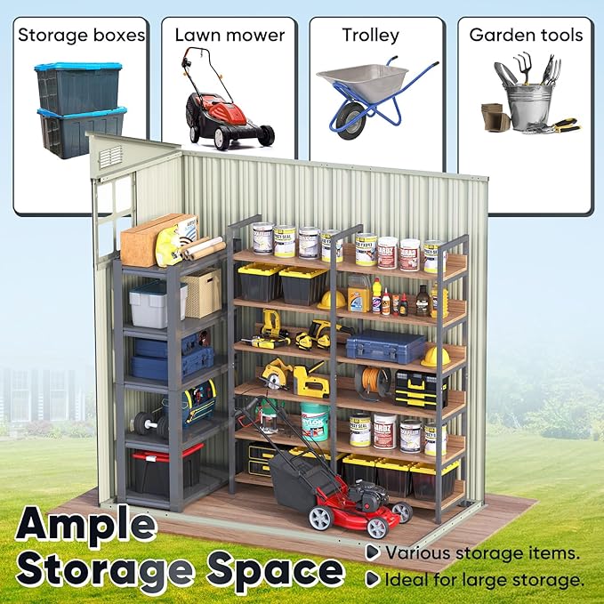Quictent 5X3 FT Heavy Duty Outdoor Metal Storage Shed,Lockable Garden Shed with Rotating Roof, Waterproof Shed for Bike Storage, Tool Storage, Temporary Storage,Brown(5.5X2.8 FT Base, No Floor)