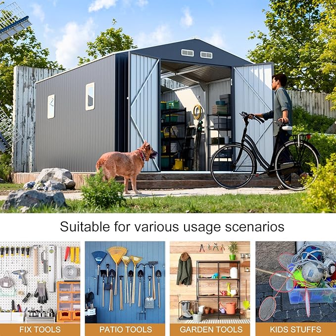 Metal Storage Shed 10x12 FT Reinforced Frame with Unique Clear Roof Skyview Windows Air Vents Door for Outside Garden Patio Lawn Backyard to Store Bikes,Lawnmower,Garage,Dark Grey Large