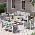 Aluminum Outdoor Patio Furniture Set, HDPE Rope 5 Piece Modern Sectional Conversation Sets with Dual-Layer Coffee Table, All Weather Patio Couch Sofa with Thick Cushions, White Frame, White